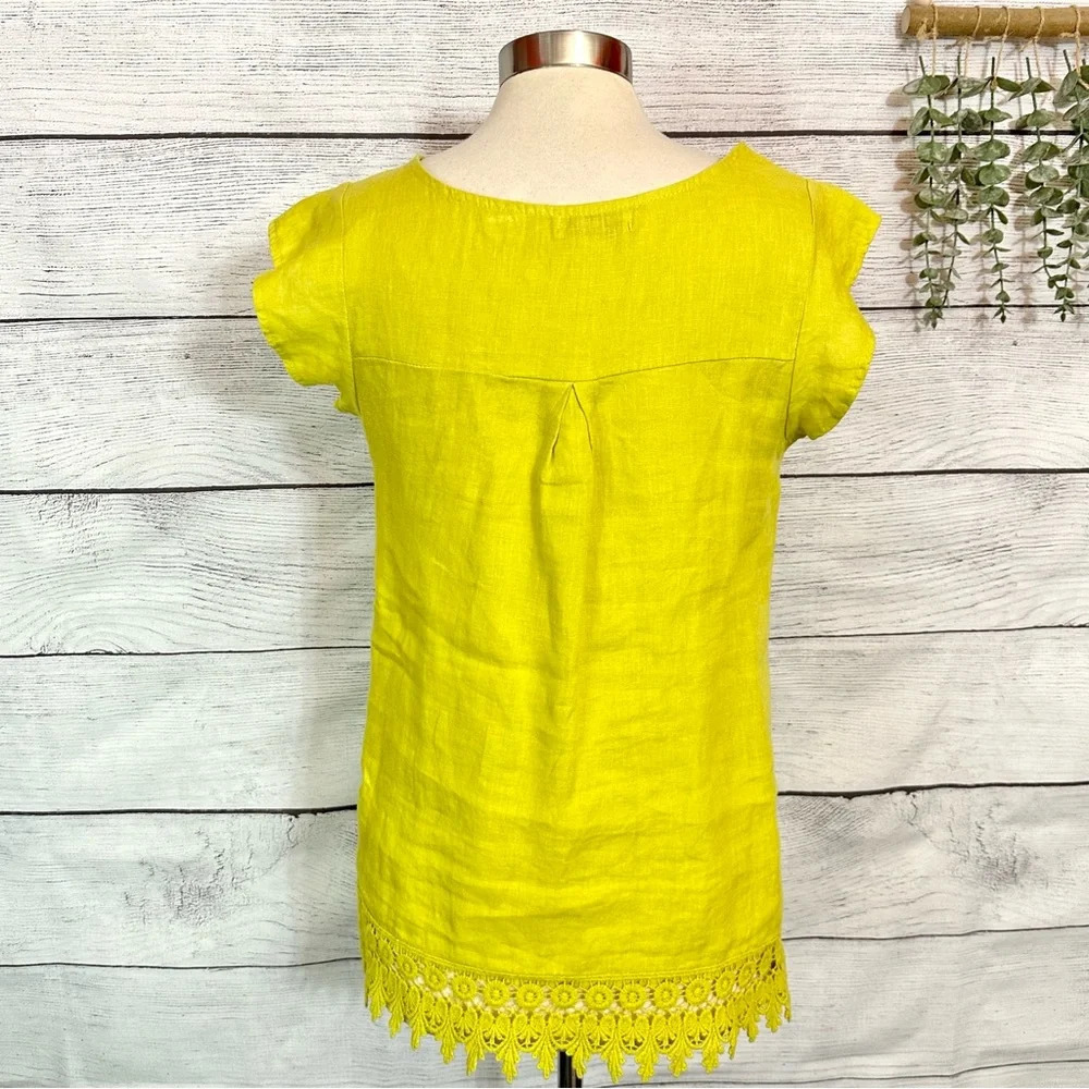 TERZO MILLENNIO Yellow 100% Linen Top MADE IN ITALY Eyelet Trim Tank Top Size S - Picture 4 of 7